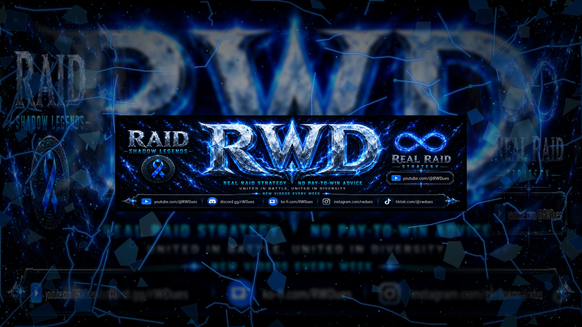 Raiding With Dues banner art with metallic blue RWD logo, Raid Shadow Legends branding, and creator links.